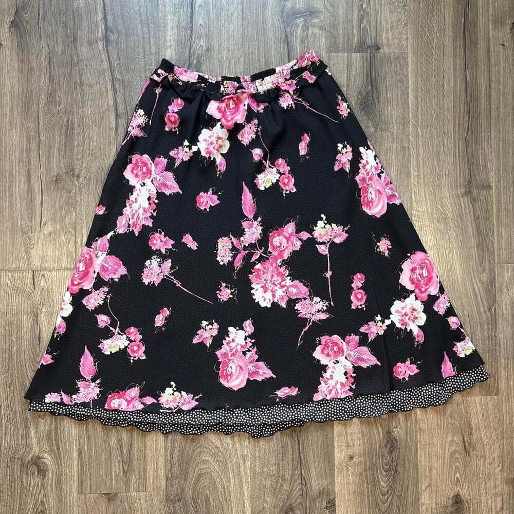 Appleseed's Floral Maxi Skirt Size Large Black Pink Whimsy Fairycore